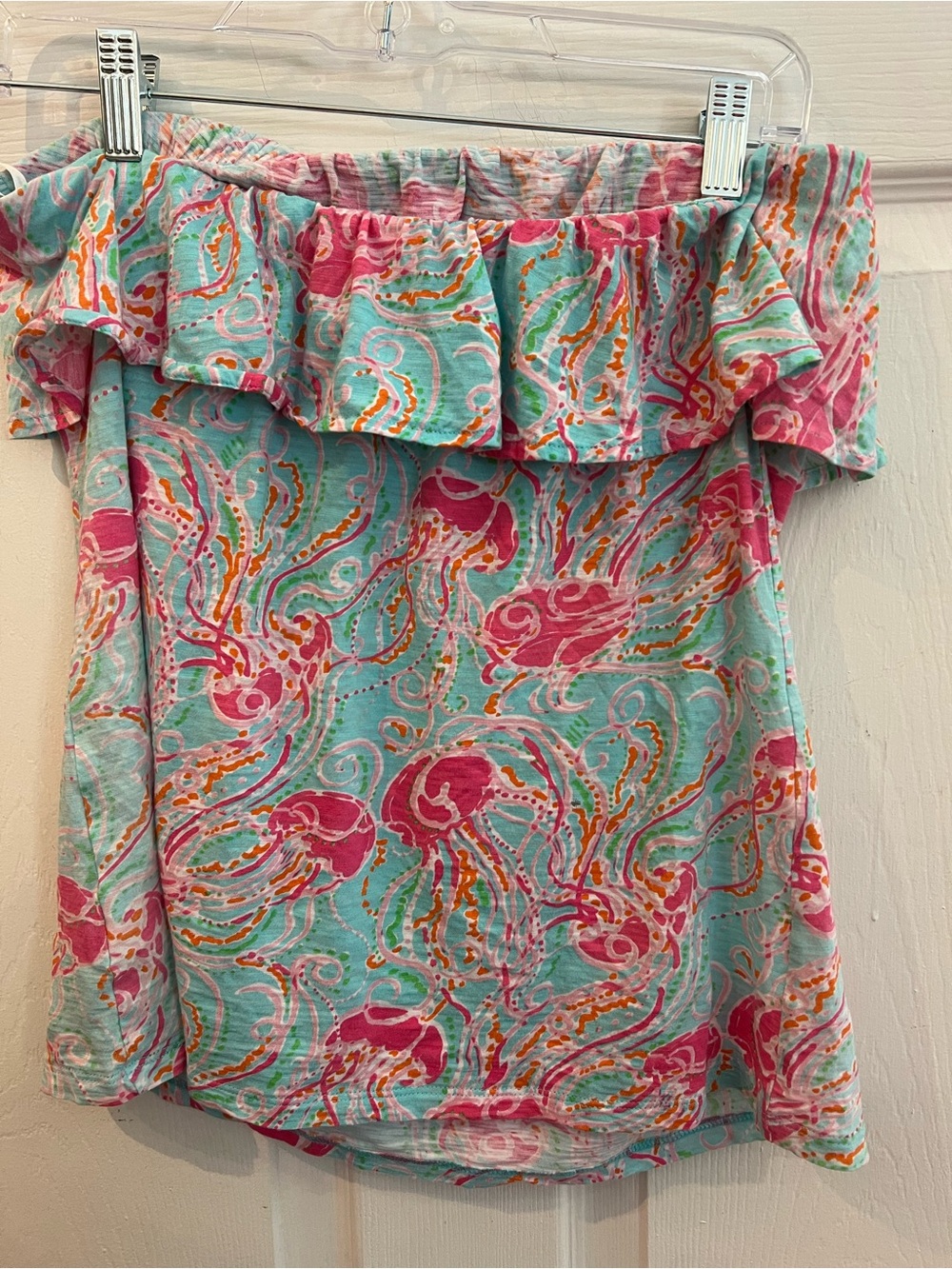 Lilly Pulitzer Off-Shoulder Ruffle Top in Aqua, Pink and Orange sz L